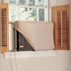 Tan washable AC cover. Air conditioner cover to keep drafts, dust, leaves out if you can't remove your AC in the winter